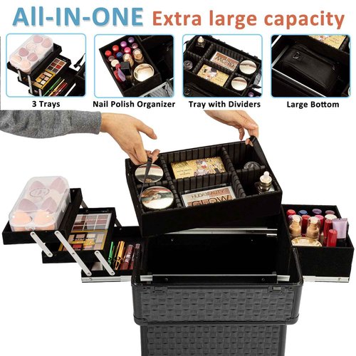AROUS Rolling Makeup Train Case, Large Storage Cosmetic Trolley 4 Tray with 360° Swivel Wheels Keys, Large Storage Traveling Cart Trunk, Cosmetic Train Cases for Nail Technicians Hairstylist, Black