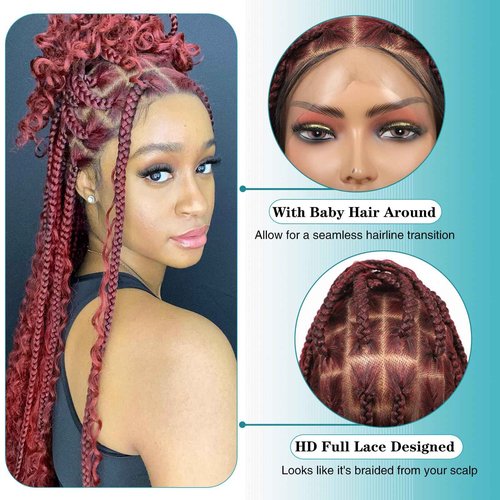 Kalyss HD Full Lace Boho Braided Wigs for Women 360 Lace Front Box Braided Wigs with Baby Hair Burgundy Red Premium Synthetic Knotless Braid Wig 36"