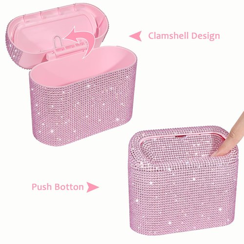 Accmor Bling Car Trash Can with Lid, Leak-Proof Mini Vehicle Trash Bin Automotive Dustbin Organizer Storage, Sparkling Crystal Trash Bag Container with 30pcs Garbage Bags for Car, Home, Office (Pink)