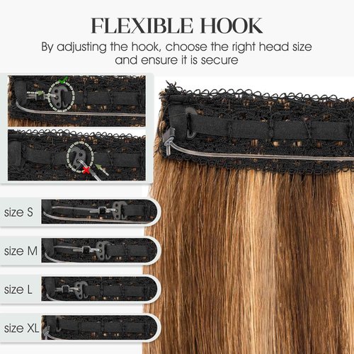 Charites Halo Hair Extensions Real Human Hair Invisible Wire Extensions with Transparent Fish Line Adjustable Size Medium Brown & Dark Blonde 20 inch