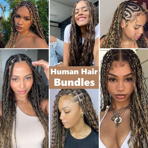 Habiliana Human Braiding Hair 2 Bundles Total 100g 22 Inch Deep Wave P4/27 Bulk Human Hair Bundles Braiding Brazilian Virgin Curly Human Hair Extensions for Boho Braids