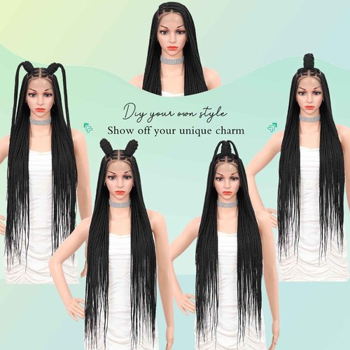 Fecihor Braided Wigs for Women Knotless Braided Lace Front Wigs with Baby Hair Box Braid Wig 13x8 Inches HD Lace Frontal Black Braided Wigs 36 inches