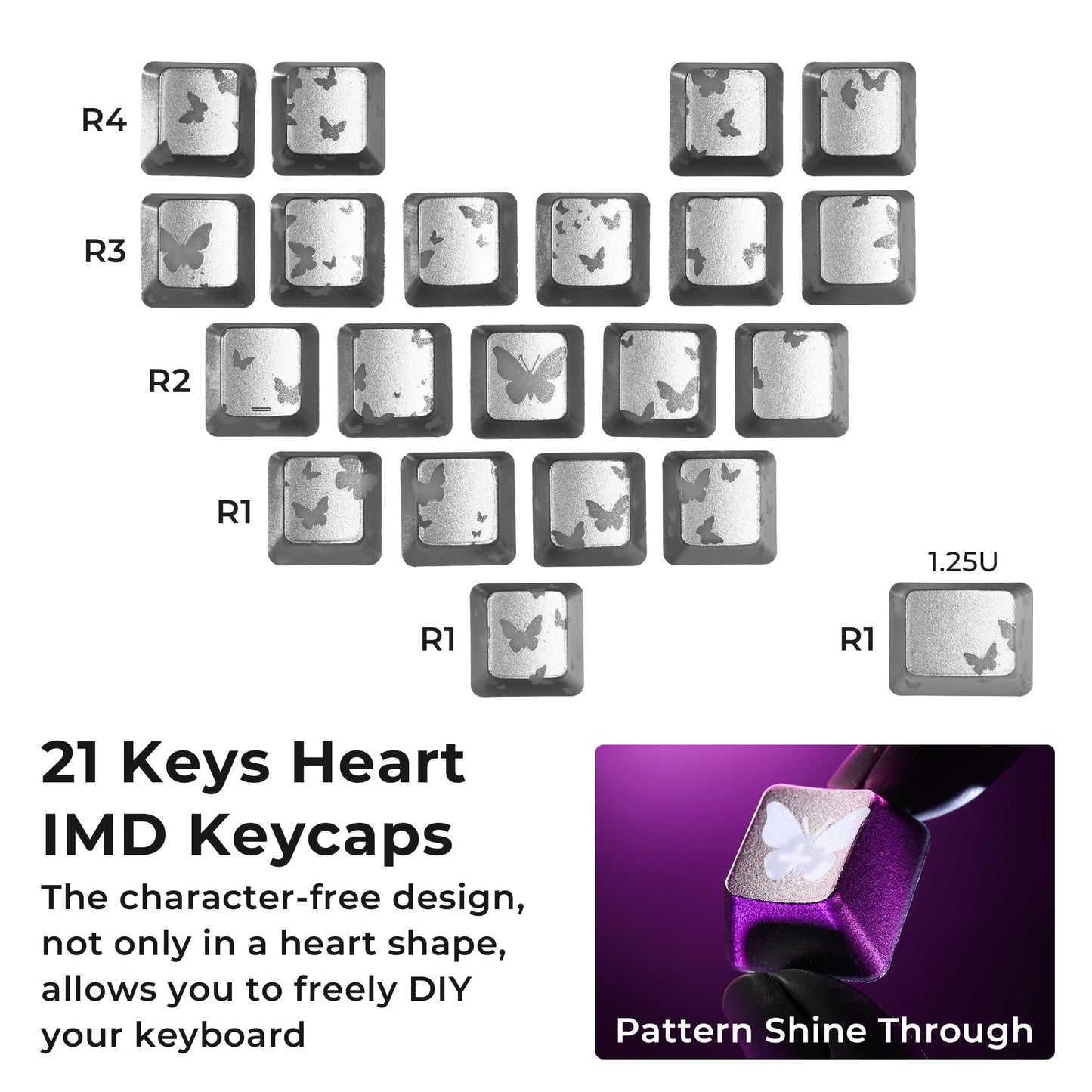 XVX Butterfly Shine Through Keycaps, Love Theme Cute Custom Keycaps, Blank OEM Profile IMD Translucent Keycap, Anime Style, for MX Switches Mechanical Keyboard, Silver（Only 21 Keys