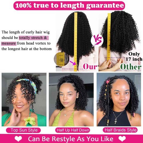 Rolisy Kinky Curly Half Wig Human Hair 20 Inch Glueless Curly Half Wig 220 Density Drawstring Seamless Flip Over Invisible Hairline Half Wigs Human Hair Beginner Friendly Headband Wig for Women