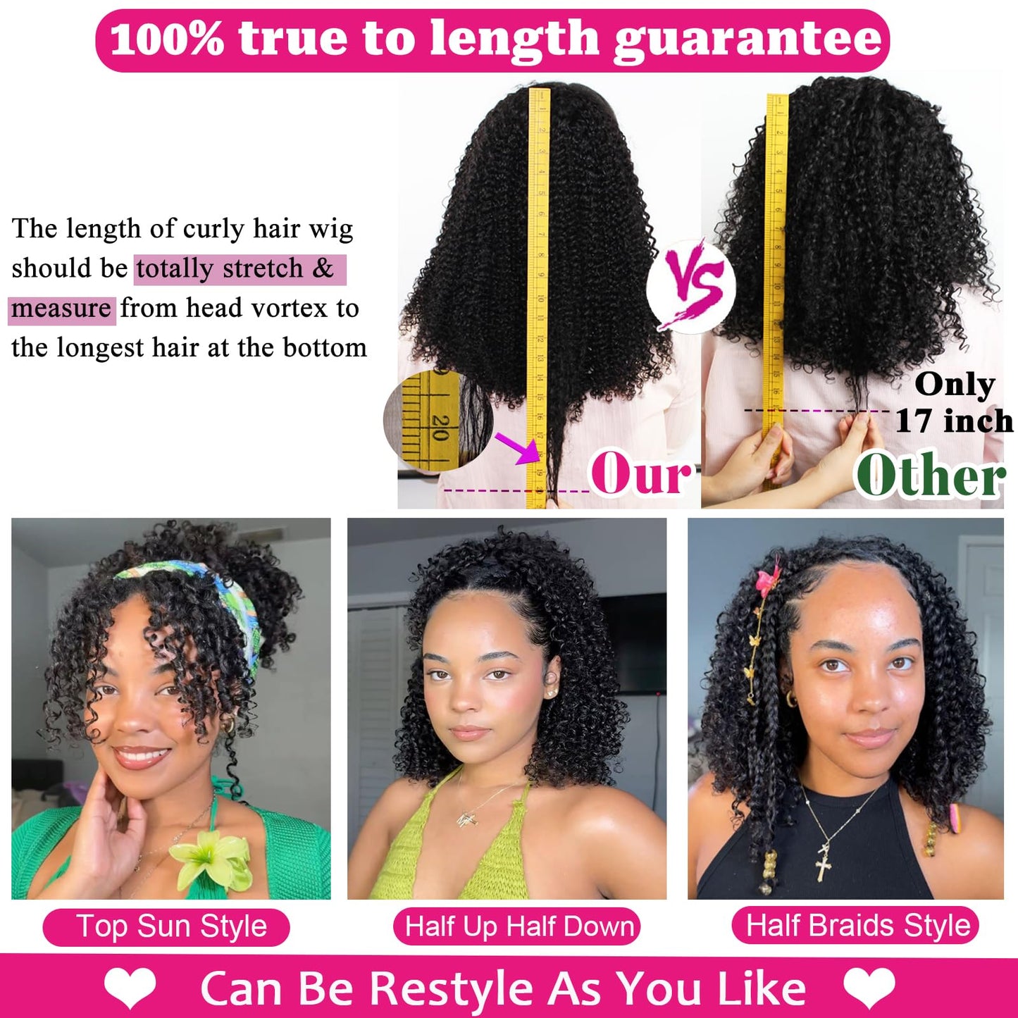 Kinky Curly Half Wig Human Hair 220% Density 3 In 1 True To length Flip Over Curly Edges Drawstring Half Wigs For Black Women Glueless Wear Go Afro Curly Headband Wigs For Beginner Friendly 16 Inch