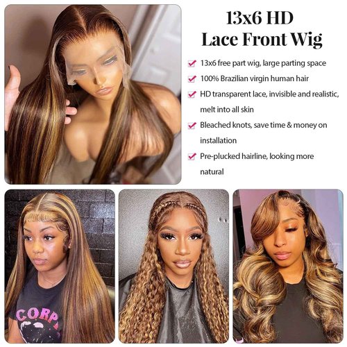 Ombre Highlight 13x6 Lace Front Wig Pre Plucked, 26 Inch 4T4/27 Honey Blonde lace frontal Wigs with Baby Hair 13x6 HD Transparent Lace Front wig Human Hair for Women Colored Real Human Hair Wigs