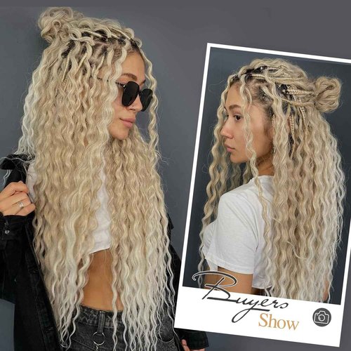 WIGER Full Set Double Ended Platinum Blonde Curly Dreads Extension for Women DE Blonde Wavy Dreadlock Handmade Synthetic Soft Dreadlock Crochet Hair (50 Strands Curly Dreads, 613)