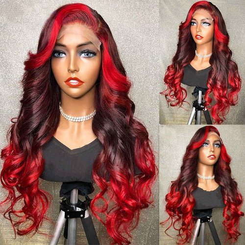YMS Ombre Red HD Lace Front Wigs Human Hair Pre Plucked 180% Density Black and Red Human Hair Wigs for Women Body Wave Colored Skunk Stripe Glueless Wig Real Hair 20 Inch Transparent Lace Frontal Wig
