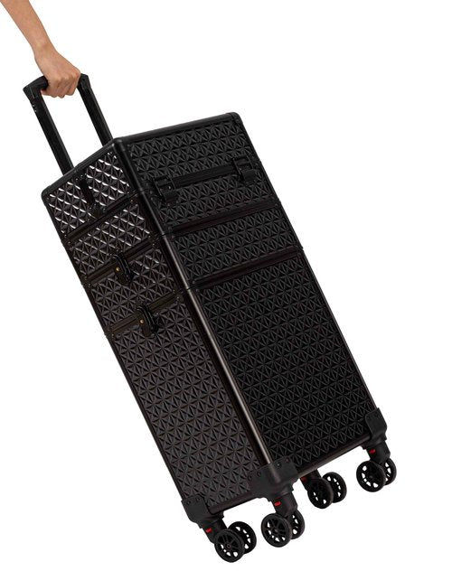 JINGUAN 3 in 1 Rolling Makeup Train Case Professional Large Cosmetic Trolley Cosmetology Case on Wheels Traveling Cart Trunk for Hairstylist Artist Nail Beauty Salon Barber, Black