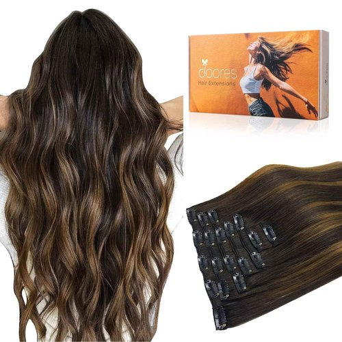DOORES Clip in Hair Extensions Human Hair Extensions, Balayage Dark Brown to Chestnut Brown 120g 7pcs 18 Inch Real Human Hair Extensions Clip in Straight Remy Silky Weft