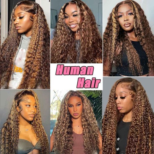 ACIWP Highlight Ombre Lace Front Wig Human Hair Pre Plucked 13x6 HD Honey Blonde 4/27 Deep Wave Lace Frontal Wigs 200% Density Glueless Colored Wigs for Women Wet and Wavy Lace Front 16 Inch