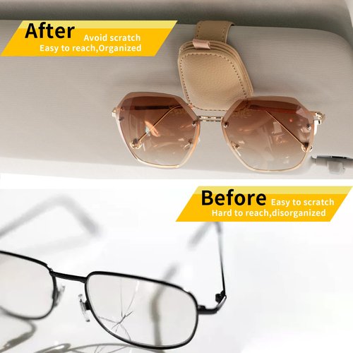 Yuoyar Sunglass Holder for Car, Magnetic Leather Sunglasses Holder and Ticket Card Clip, Car Visor Accessories, 2 Packs (Beige)