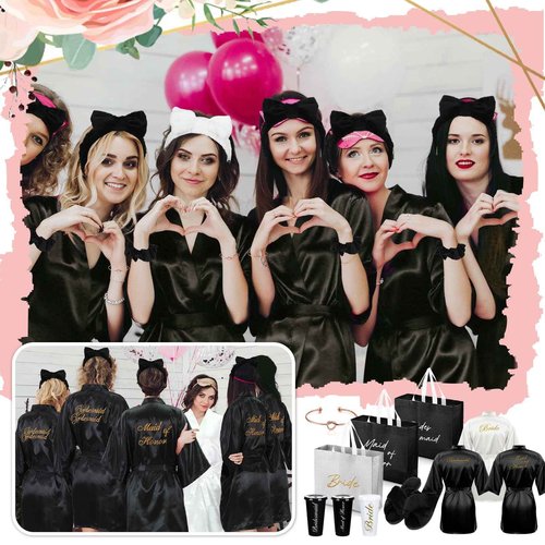 Shyyween 42 Pcs Bridesmaid Bride Robes Set of 6 Bridal Party Silk Satin Robes for Wedding Bachelorette Party Gifts(White,Black)