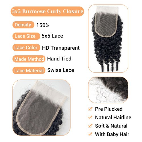 Hd Closure 5x5 Burmese Curly 22 Inch 5x5 Transparent Lace Closure 12A Virgin Remy Human Hair Closure Pre Plucked With Baby Hair Natural Black