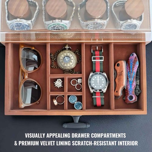 SeLuM Cologne Watch Organizer Walnut Brown – Wooden Perfume Display Stand with Jewelry Storage Drawer, Velvet Lining, Hidden Compartment – Large Cologne Holder – Gift Box Included