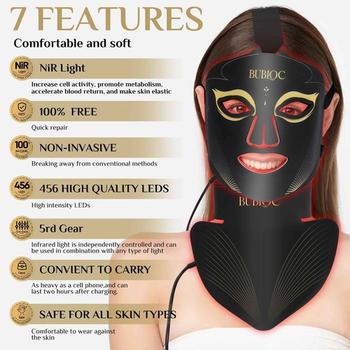 Onisdin Red Light Therapy Mask Set, Five-Level Brightness Adjustment for Face and Neck, 630nm Infrared Light + 850nm Near-Infrared LED Therapy Phototherapy, Portable Mask with Power Storage, Black5