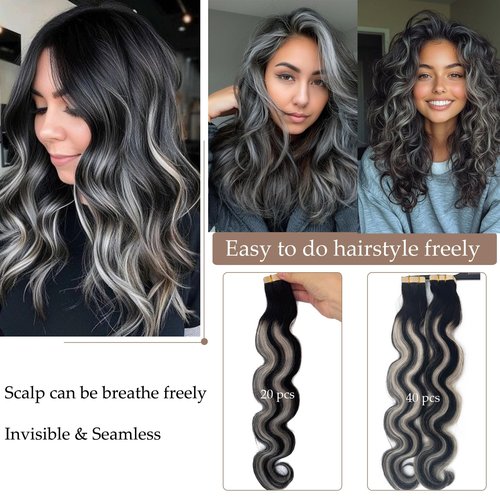 Tape in Hair Extensions Human Hair 26 Inch Body Wave Natural Black Hair Balayage Silver Grey Highlights Hair Extensions Real Human Hair Tape ins for Black Women 20 PCS Double Sided Tape Hair 50G