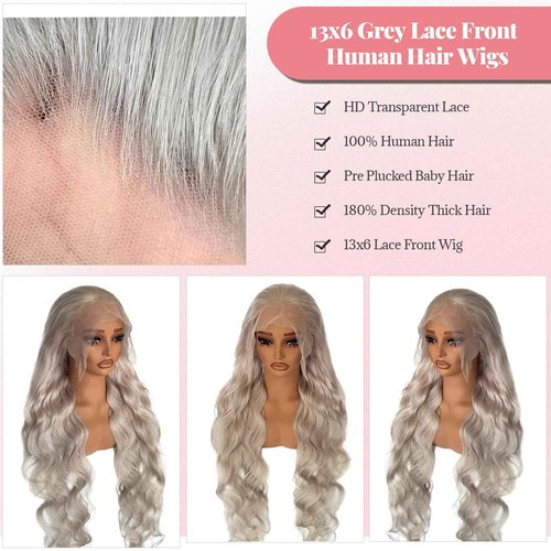 Munx Body Wave Lace Front Wig Human Hair 13x6 HD Transparent Lace Frontal Wigs with Baby Hair Silvery Grey Lace Front Wigs Human Hair 28 Inch 180% Density Pre Plucked Wig for Women