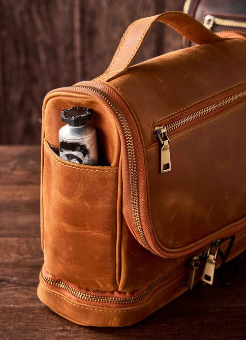 EURYNOME Travel Toiletry Bag For Men, Genuine Leather Shaving Dopp Kit Bottom Storage Holds More (11x8.6x4.7)-Mens Toiletry Bag -Leather Makeup Cosmetic Organizer Kit - Men Travel Toiletries Bag