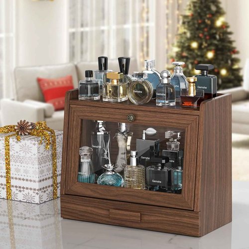 Cologne Organizer for Men,Cologne Stand with Acrylic Door,Large Capacity Ash Wood Cologne Holder Perfume Shelf with Desk & Nightstand Organizer,Mens Husband Birthday Gifts Ideas,Gifts for Men(Walnut)