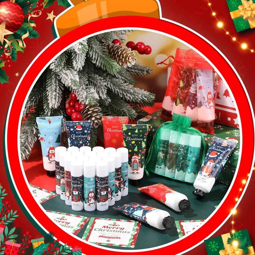 Heigble 60 Set Christmas Hand Cream Gift Set, Including Moisturizing Hand Lotion, Xmas Lip Balm, Gauze Bags, Thank You Cards Natural Fragrant Bulk Christmas Gifts for Coworkers Employees Stuffers
