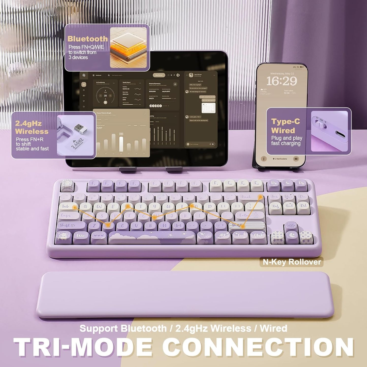 YUNZII B87 Wireless Mechanical Keyboard,QMK/VIA Programmable,TKL Layout 87 Keys,BT/2.4G/USB-C,Hot Swap Gasket Mount RGB Backlit Gaming with Wrist Rest for Win/Mac(Purple, Cocoa Cream V2)