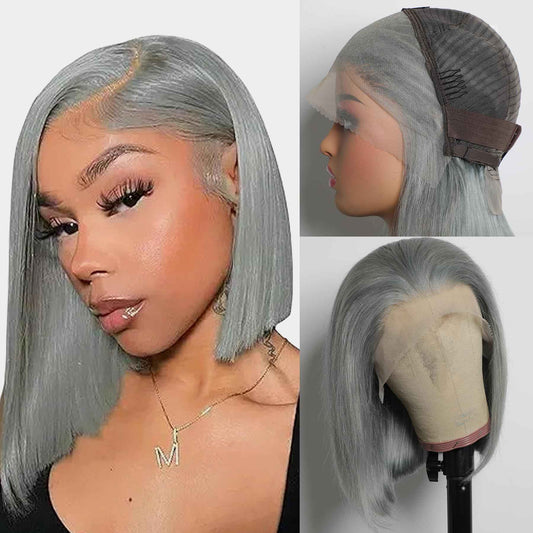 GIRLOFDREAMS Grey Colored Bob Wig Human Hair 13x4 Straight Lace Frontal Wigs Glueless 180 Density Pre Plucked with Baby Hair Short Brazilian Remy Gray Color Hair Transparent Front Wigs for Black Women
