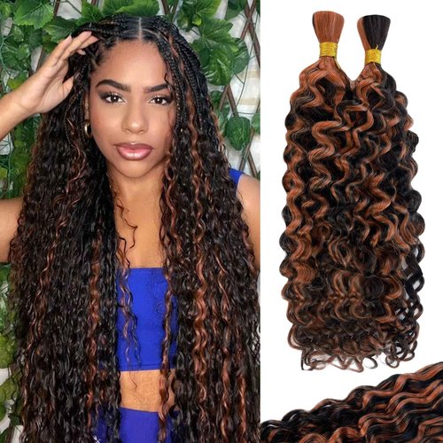 Belaved Ombre Human Braiding Hair 1B/30 Deep Water Wave Braiding Hair 2 Bundles Highlight Curly Bulk Human Hair Extensions for Boho Braids100g 30 Inch Balayage Knotless