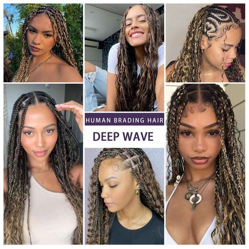 Ratheinhi Highlight Chocolate Honey Blonde Human Braiding Hair 2 Bundles Total 100g 24 Inch Deep Wave P4/27 Brazilian Virgin Human Hair Bundles for Boho Braids