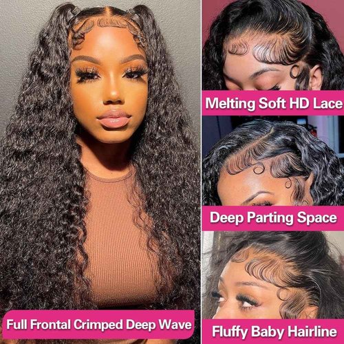 XVE 13x4 Deep Wave Lace Front Wigs Human Hair 200 Density HD Lace Frontal Wig For Women Brazilian Hair Curly Wigs Natural Black Color 28 Inch