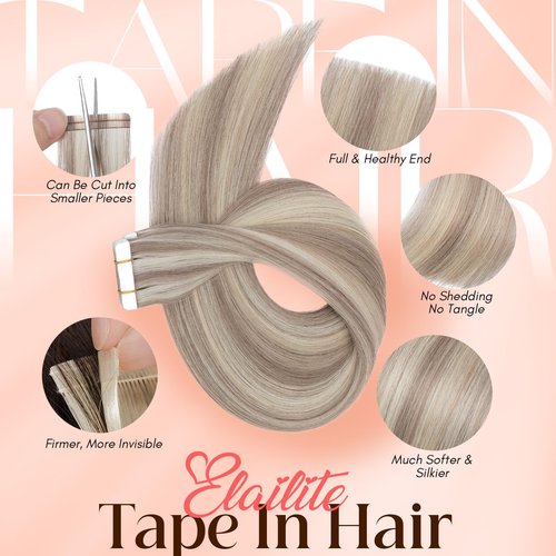 Elailite Tape in Hair Extensions Human Hair Thick Real Remy Hairpieces Ash Blonde & Bleach Blonde 22 Inch 50g 20pcs Straight Invisible Seamless Skin Weft Best Tape for Women