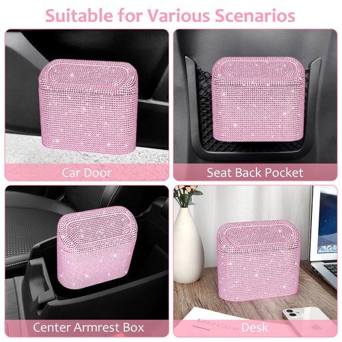 Accmor Bling Car Trash Can with Lid, Leak-Proof Mini Vehicle Trash Bin Automotive Dustbin Organizer Storage, Sparkling Crystal Trash Bag Container with 30pcs Garbage Bags for Car, Home, Office (Pink)