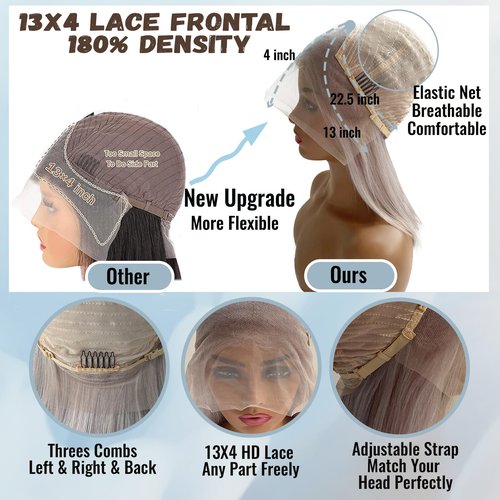Blonlier Grey Bob Human Hair Wigs 13x4 HD 180% Density Lace Front Wig Human Hair Silver Glueless Wigs Human Hair （14in）