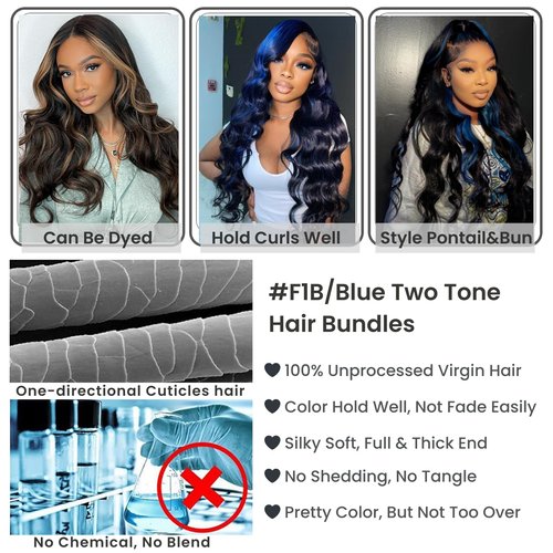 ALHER Black Mix Midnight Blue Bundle Human Hair Body Wave, 12A Soft Thick 3 Bundles Wavy Human Hair, 100% Remy Hair Balayage Two Tone Subtle Colored Double Weft (#1B/Blue, 10 12 14 IN)
