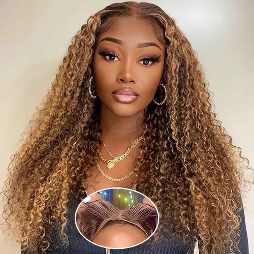 Wighottie Wear and Go Glueless Highlight Ombre 4/27 Human Hair Wigs Deep Wave Curly Wet and Wavy Lace Front Pre Plucked Pre Cut 5x5 HD Lace Closure Wigs for Black Women （4/27 24 Inch）