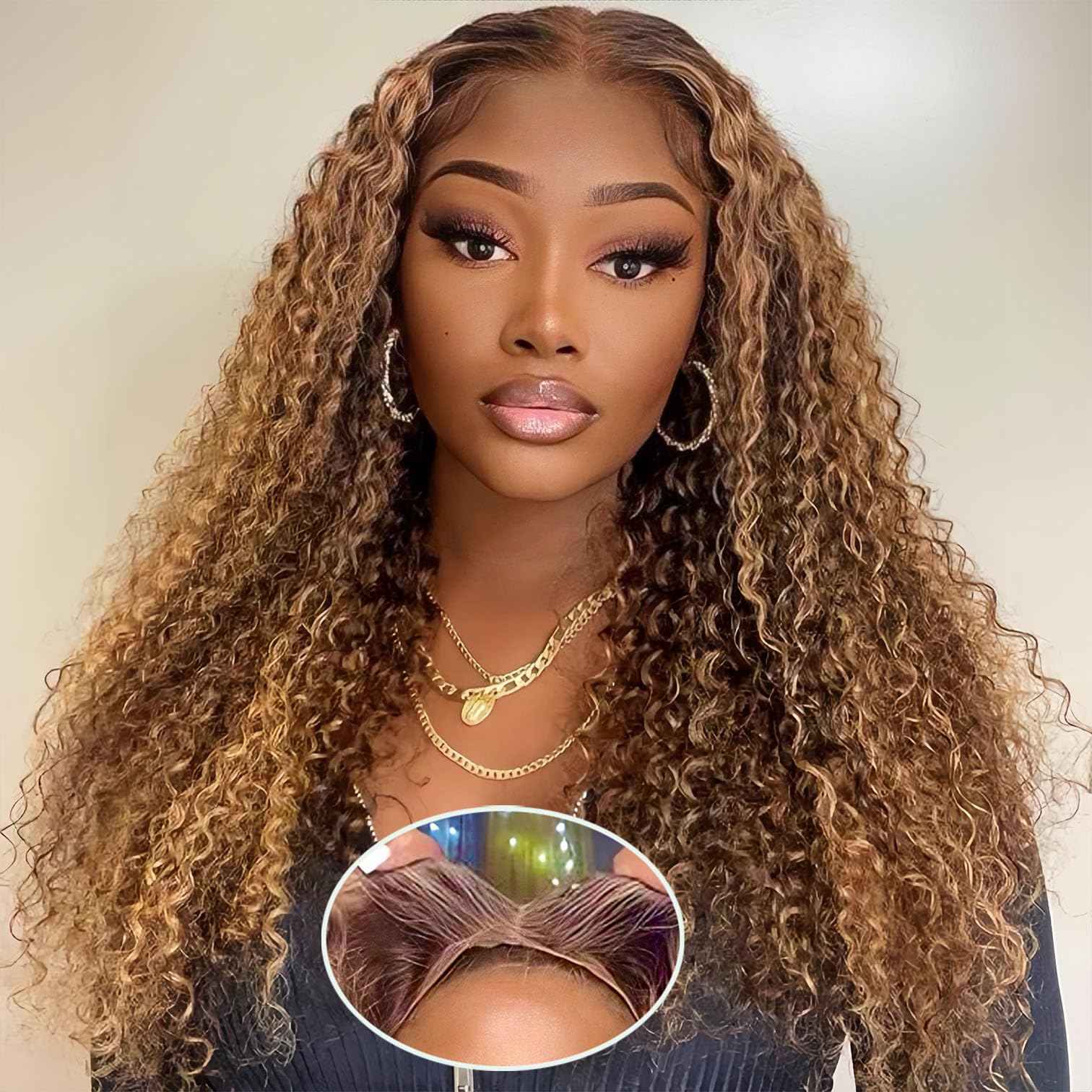 Highlight Ombre 4/27 Human Hair Wear and Go Glueless Wigs Deep Wave Curly Wet and Wavy Lace Front Pre Plucked Pre Cut 5x5 HD Lace Closure Wigs for Black Women (highlight ombre 4/27, 22 Inch)