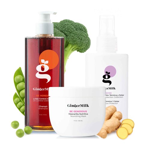 Nutrition Kit for Hair Care. Ginger based formula. Shampoo, Nourishing Mask Heat and Sun Protectant. Free of parabens, salt, alcohol, sulfates.