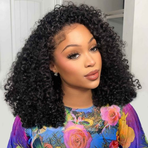 ShineKiss Half Wig Human Hair Glueless Wig Upgrade 4 IN 1 Kinky Curly Half Wig with Invisible Wire Snap Clips Drawstring Flip Over Easy Wear Headband Wig Beginner Friendly 200 Density 16 Inch