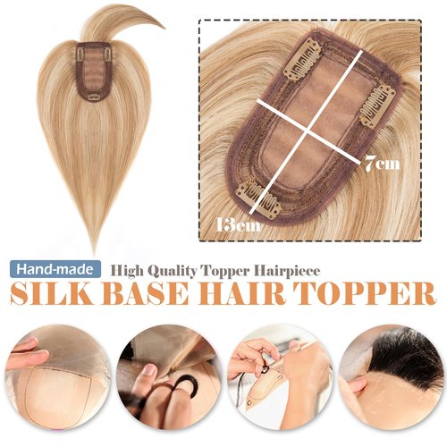 Hairro Human Hair Toppers With Bangs Clip In Remy Topper Hairpiece For Women Clip On Toupee Wispy Middle Part Hair Loss Thinning Hair 12 Inch 38g #12P613 Golden Brown Mix Bleach Blonde