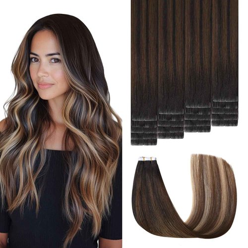 Sweetmet Invisible Tape in Hair Extensions Human Hair 3rd-Generation #1b/4/27 Natural Black to Chocolate Brown and Caramel Blonde 20pcs 50g 22inch Invisi Edge Tape ins Extensions(#1b/4/27a-22inch)