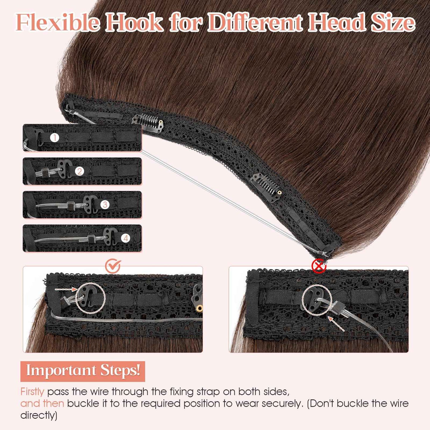 Hairro Wire Hair Extensions Human Hair, Fish Line Invisible Adjustable & Clips in Extensions Straight, 100% Real Hairpieces Seamless Blending for Women, 18 Inch 80g Dark Brown