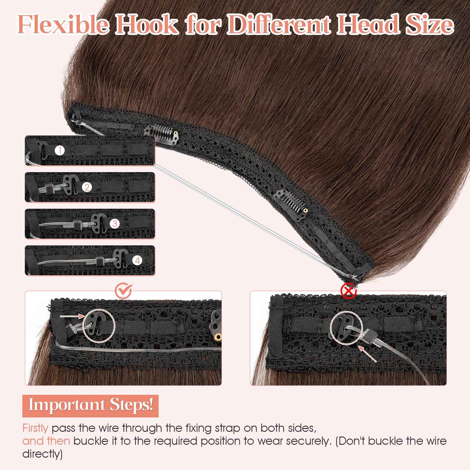 Hairro Wire Hair Extensions Human Hair, Fish Line Invisible Adjustable & Clips in Extensions Straight, 100% Real Hairpieces Seamless Blending for Women, 18 Inch 80g Dark Brown