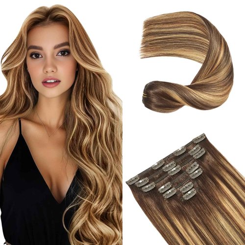 FoxFace Clip in Hair Extensions Real Human Hair, Thick Extensions from Root to Tip, Natural Hair Clip Ins, Balayage Chocolate Brown to Caramel Blonde,24 Inch 120g 7Pcs