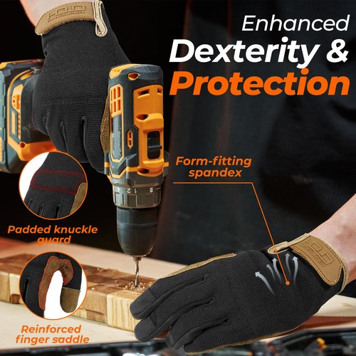 HANDLANDY Leather Work Gloves for Men & Women, Utility Mechanic Touch Screen Working Gloves for Gardening, Driving, Tool Handling, Construction (Brown Black, Medium)