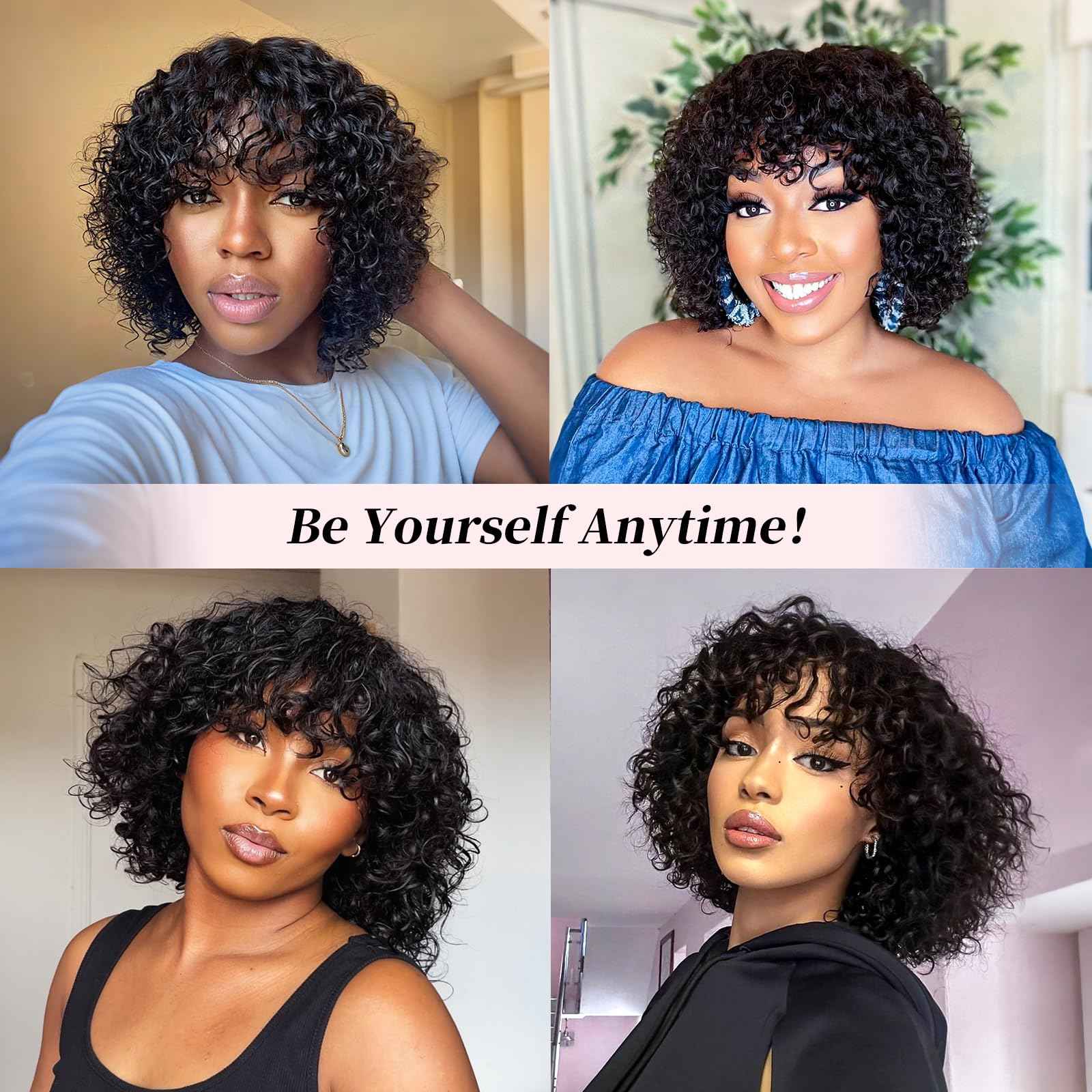 15A Raw Human Hair Wig with Bangs 4x2 Lace Short Water Wave Curly Glueless Wigs Layered Bob Wig Human Hair 180% Density Ready to Wear Wigs Glueless Human Hair for Women (10 Inch 1B Black)