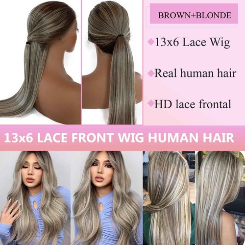 Valiilo 13x6 HD Lace Front Wig Human Hair Balayage Highlight 180% Density 22 Inch Free Part Ombre Brown to Ash Brown Human Hair with 613 Blonde Highlights Wig Pre Plucked