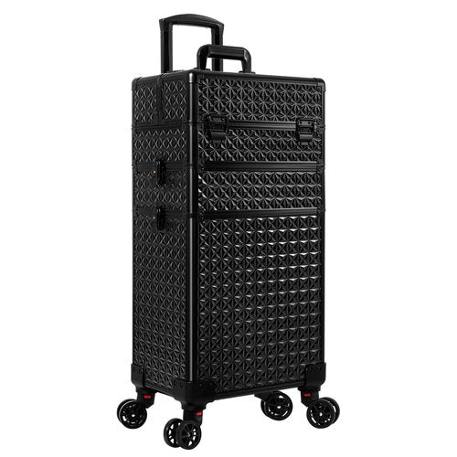JINGUAN 3 in 1 Rolling Makeup Train Case Professional Large Cosmetic Trolley Cosmetology Case on Wheels Traveling Cart Trunk for Hairstylist Artist Nail Beauty Salon Barber, Black