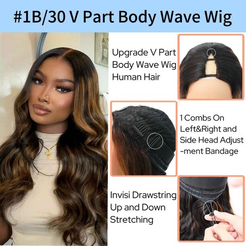 XSSXAKO V Part Wig Human Hair Body Wave Wig Upgradae Wigs Human Hair V Part Half Wigs for Black Women No Glueless No Leave Out Beginner Friendly 180% Density #1B/30 (20inch)