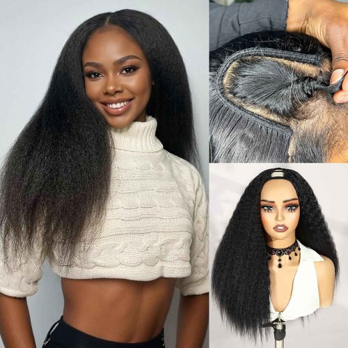 WIGER Kinky Straight U Part Wigs Human Hair Half Wig Natural Color Glueless Thin Leave Out Curly Hair 200% Density 22 Inch kinky Curly Clip in Wigs for Black Women Wear And Go Wig