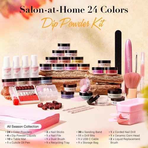 AZUREBEAUTY Dip Powder Nail Kit with Electric Nail Drill 24 Colors Spring Summer Blue Purple Nail Starter Kit with Dip Liquids Base Top Coat Activator Portable Manicure French Nail Art Essential Set